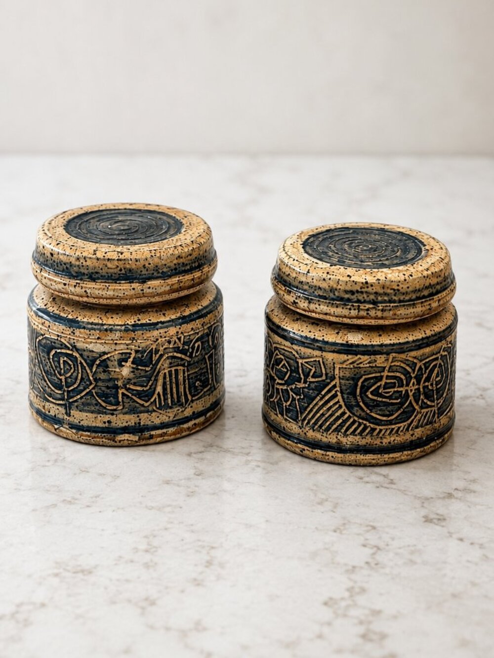 Vintage Signed Studio Pottery Lidded Jars Set of 2 Abstract Fish Design